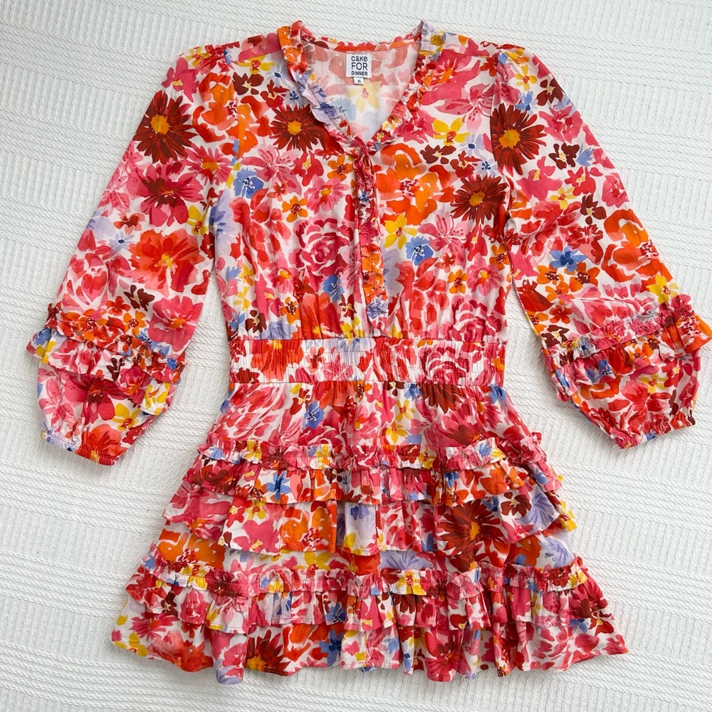 Cake For Dinner Floral Mini Dress Ruffle Layered Pink/Red Size Small